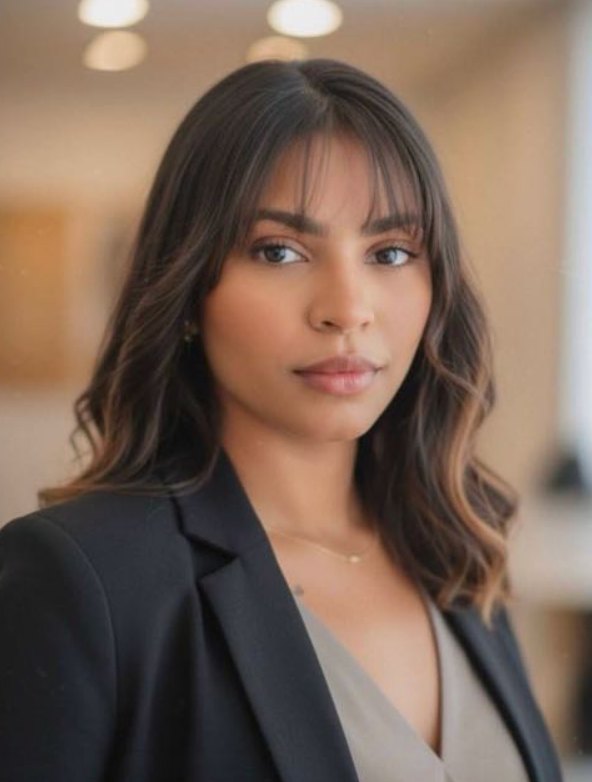 Dra. Luna Martins, de blazer preto, em seu escritório